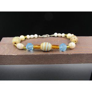 8 Inch Sterling Silver White And Cream Glass Beads Bracelet